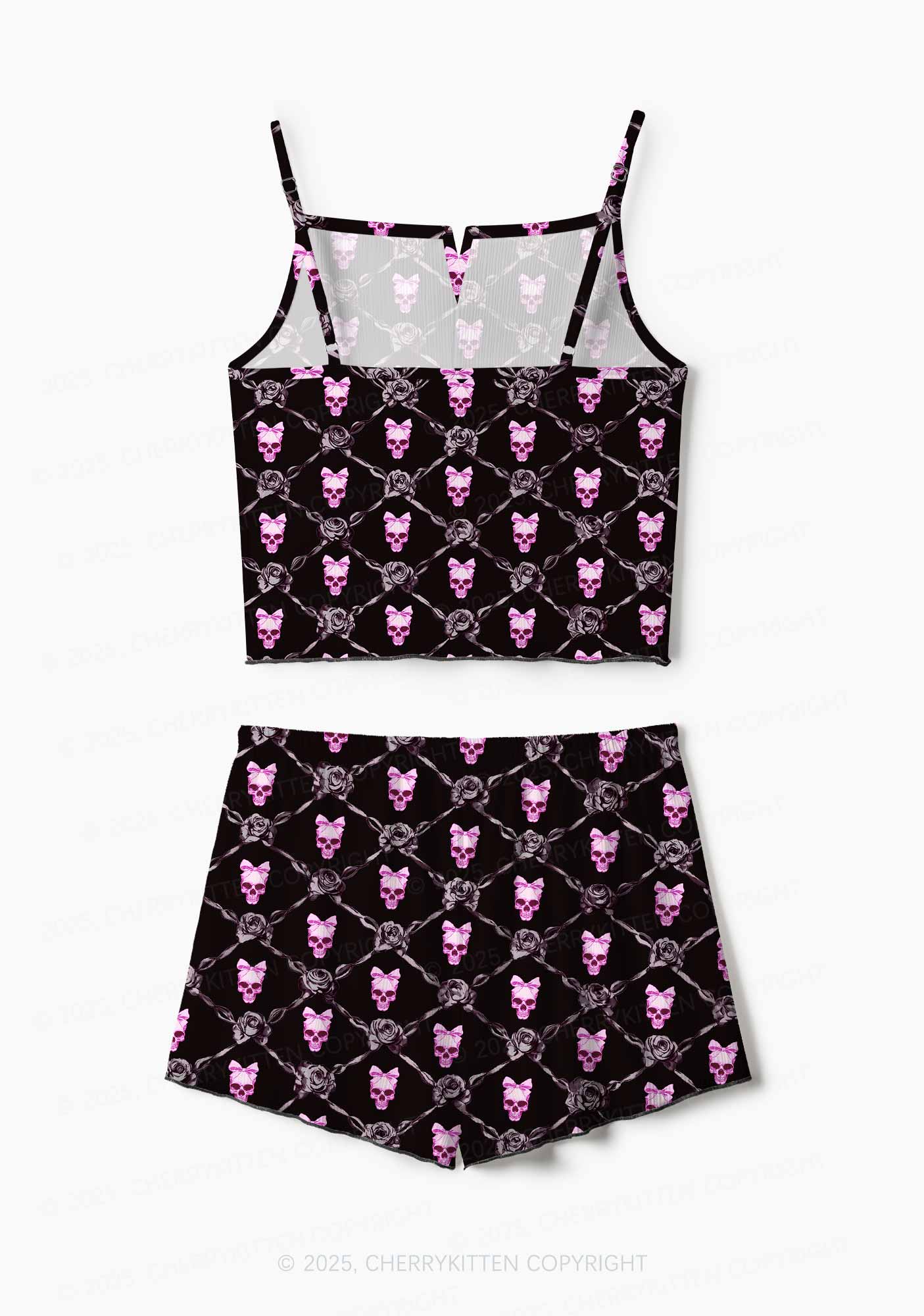Halloween Pink Skull Y2K Print Cami Shorts Pajama Set Cherrykitten