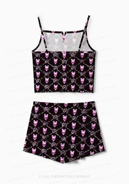 Halloween Pink Skull Y2K Print Cami Shorts Pajama Set Cherrykitten