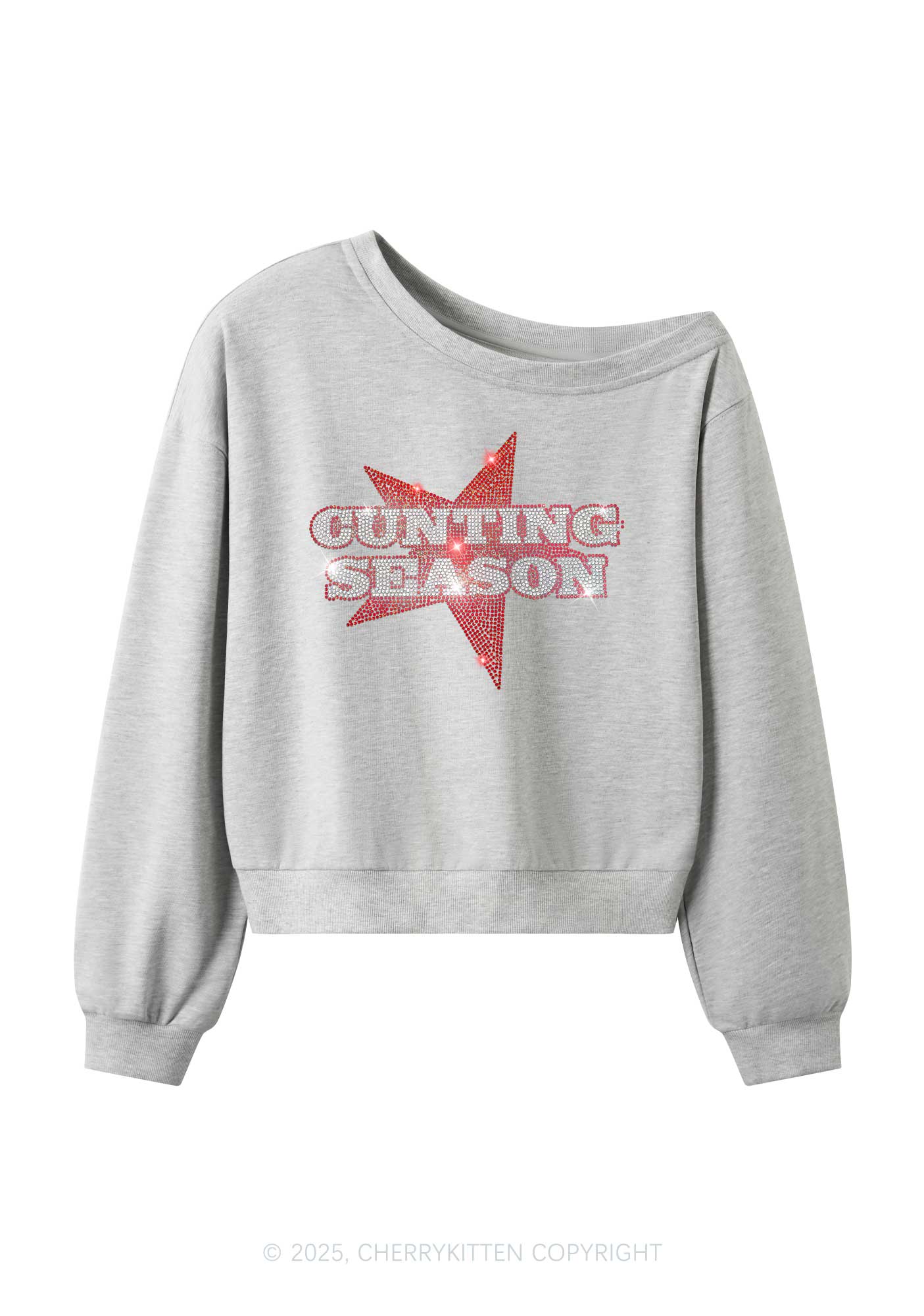 Rhinestone Cunting Season Y2K Off Shoulder Sweatshirts Cherrykitten