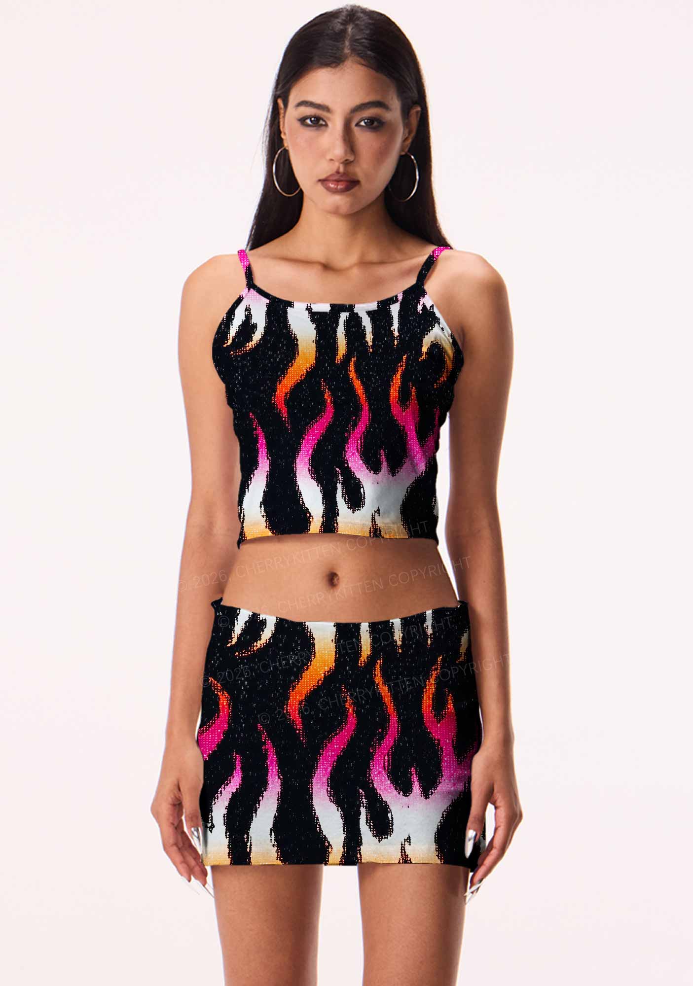 Lesbian Flame Pride Y2K Print Cami Crop Top Cherrykitten