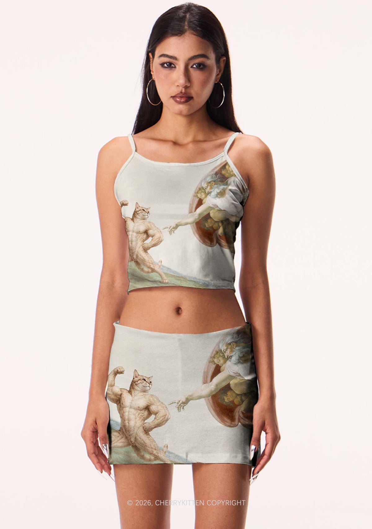 Gym Cat God Touch Y2K Print Mini Skirt Cherrykitten