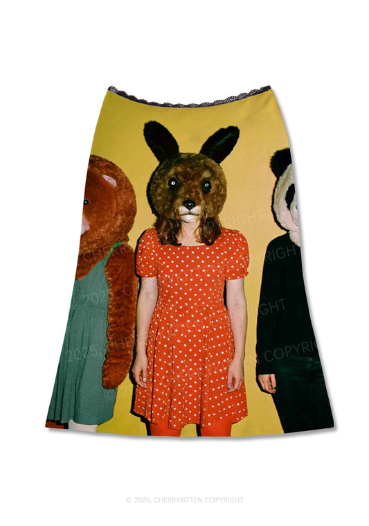 Rabbit Mask Girl Y2K Print Midi Skirt Cherrykitten