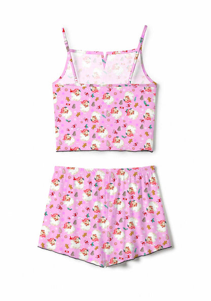 Christmas Pink Candy Santa Y2K Print Cami Shorts Pajama Set Cherrykitten