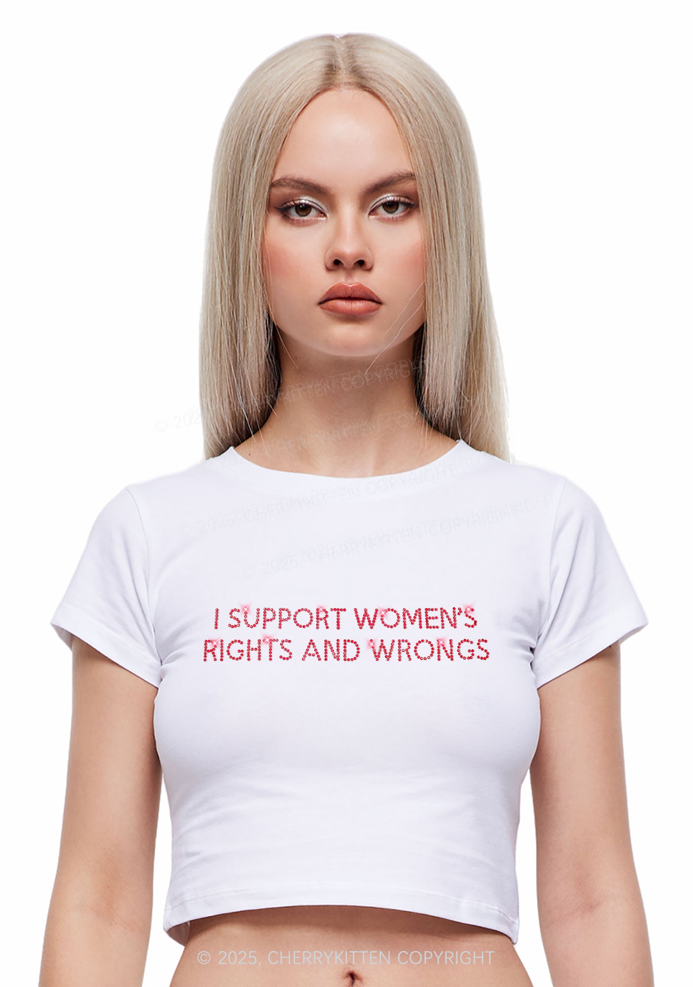 Rhinestone I Support Women Y2K Baby Tee Cherrykitten
