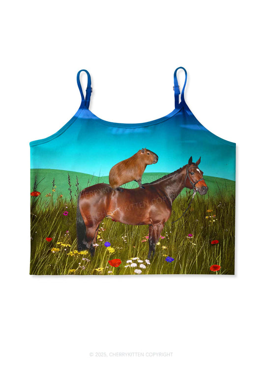 Horseback Capybara Y2K Print Cami Crop Top Cherrykitten