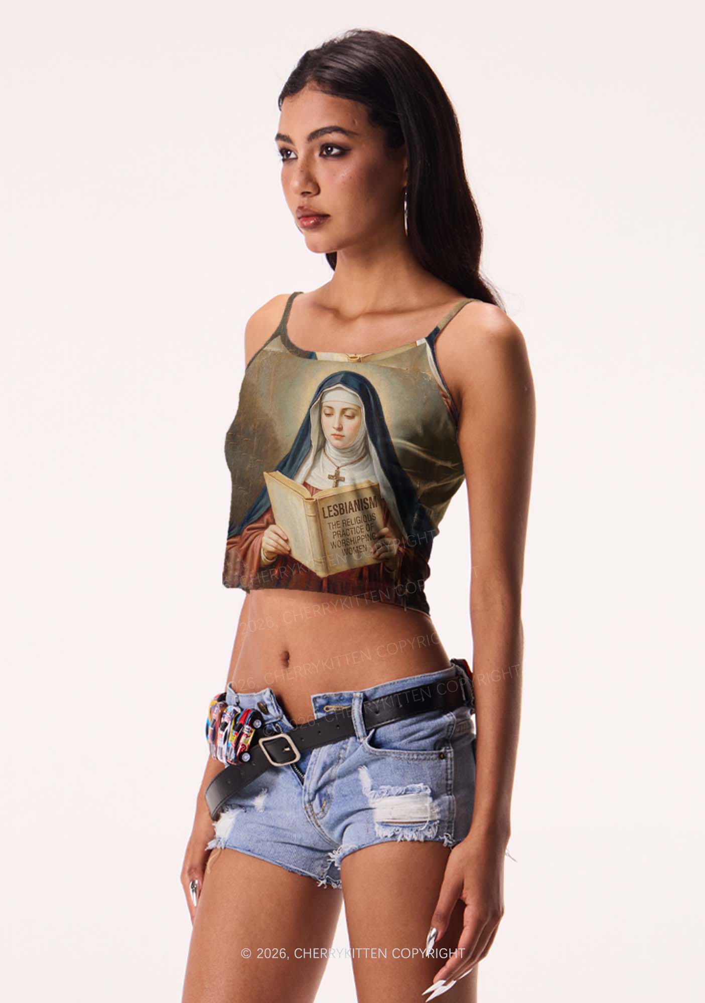 Lesbianism Nun Pride Y2K Print Cami Crop Top Cherrykitten