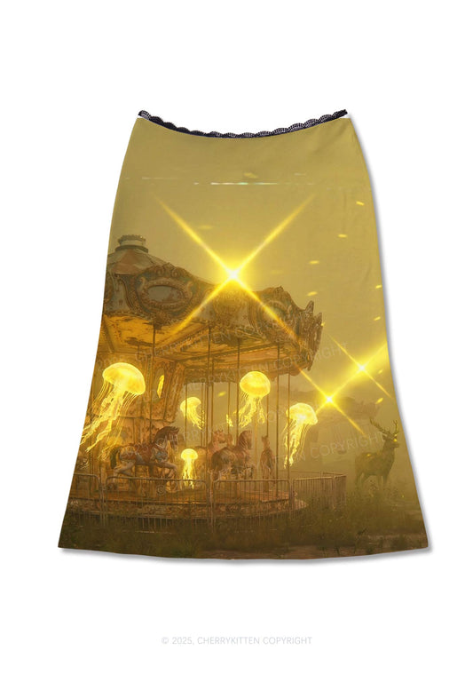 Golden Carousel Jellyfish Y2K Print Midi Skirt Cherrykitten