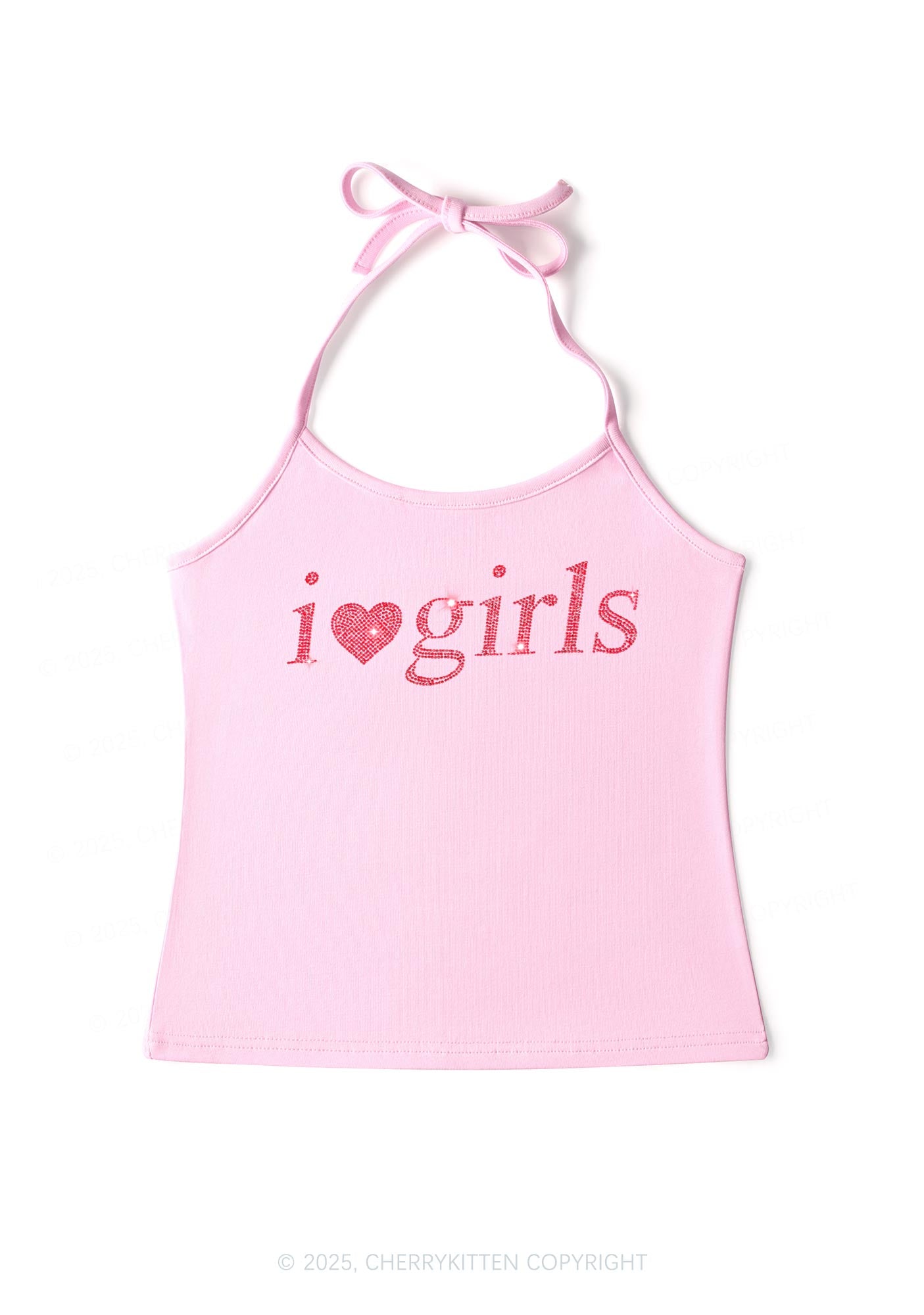 Rhinestone I Love Girls Y2K Halter Neck Cami Cherrykitten
