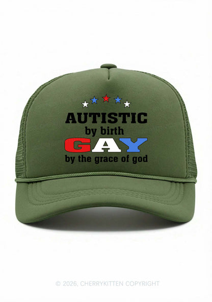 Autistic By Birth Gay Pride Y2K Trucker Hat Cherrykitten