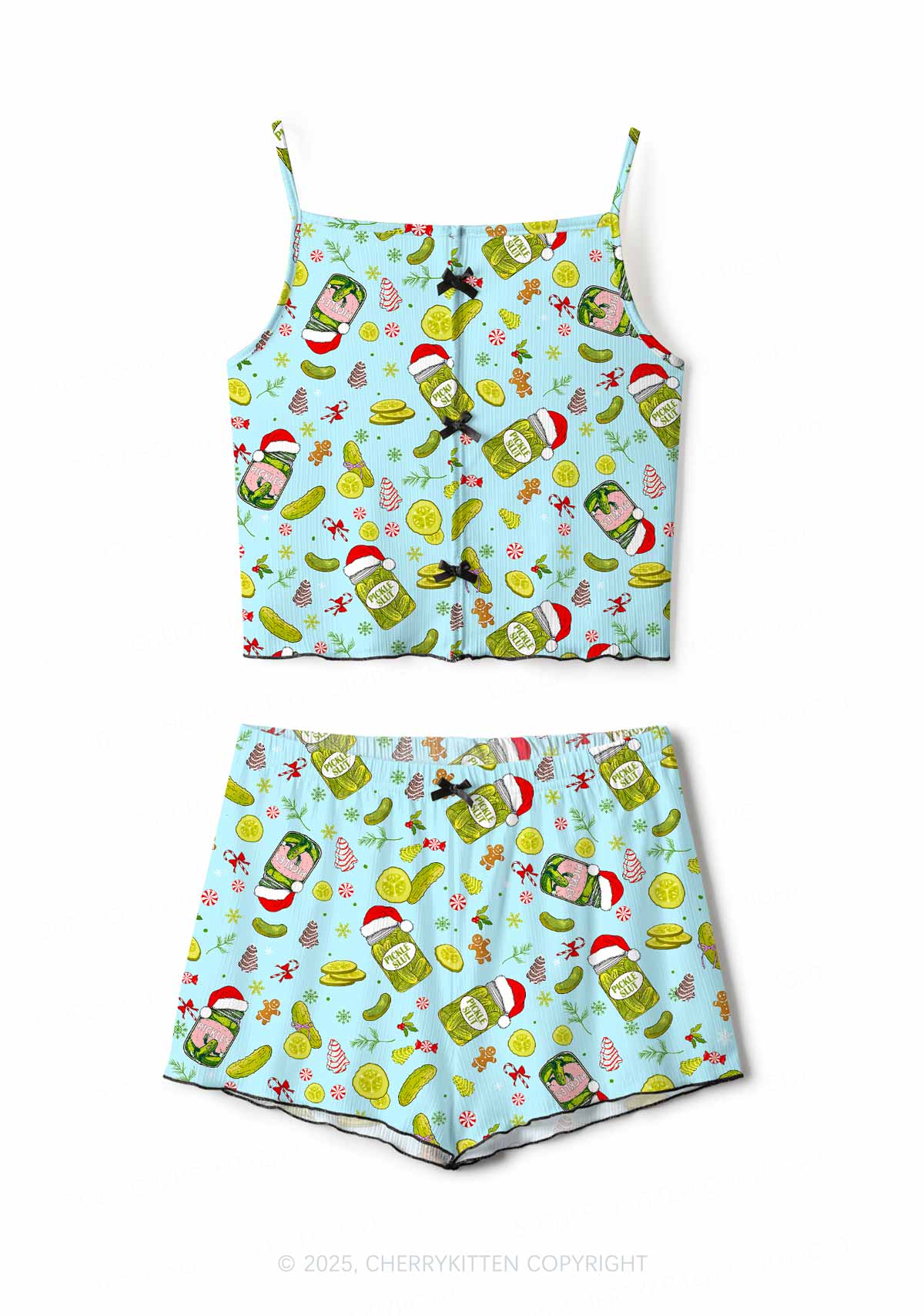 Christmas Green Santa Hat Pickle Y2K Print Cami Shorts Pajama Set Cherrykitten