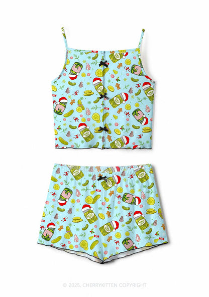 Christmas Green Santa Hat Pickle Y2K Print Cami Shorts Pajama Set Cherrykitten