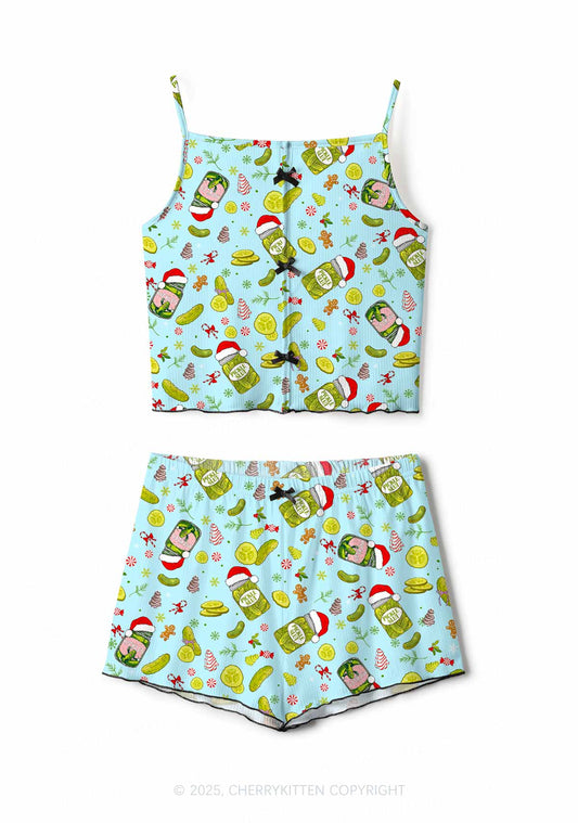 Christmas Green Santa Hat Pickle Y2K Print Cami Shorts Pajama Set Cherrykitten