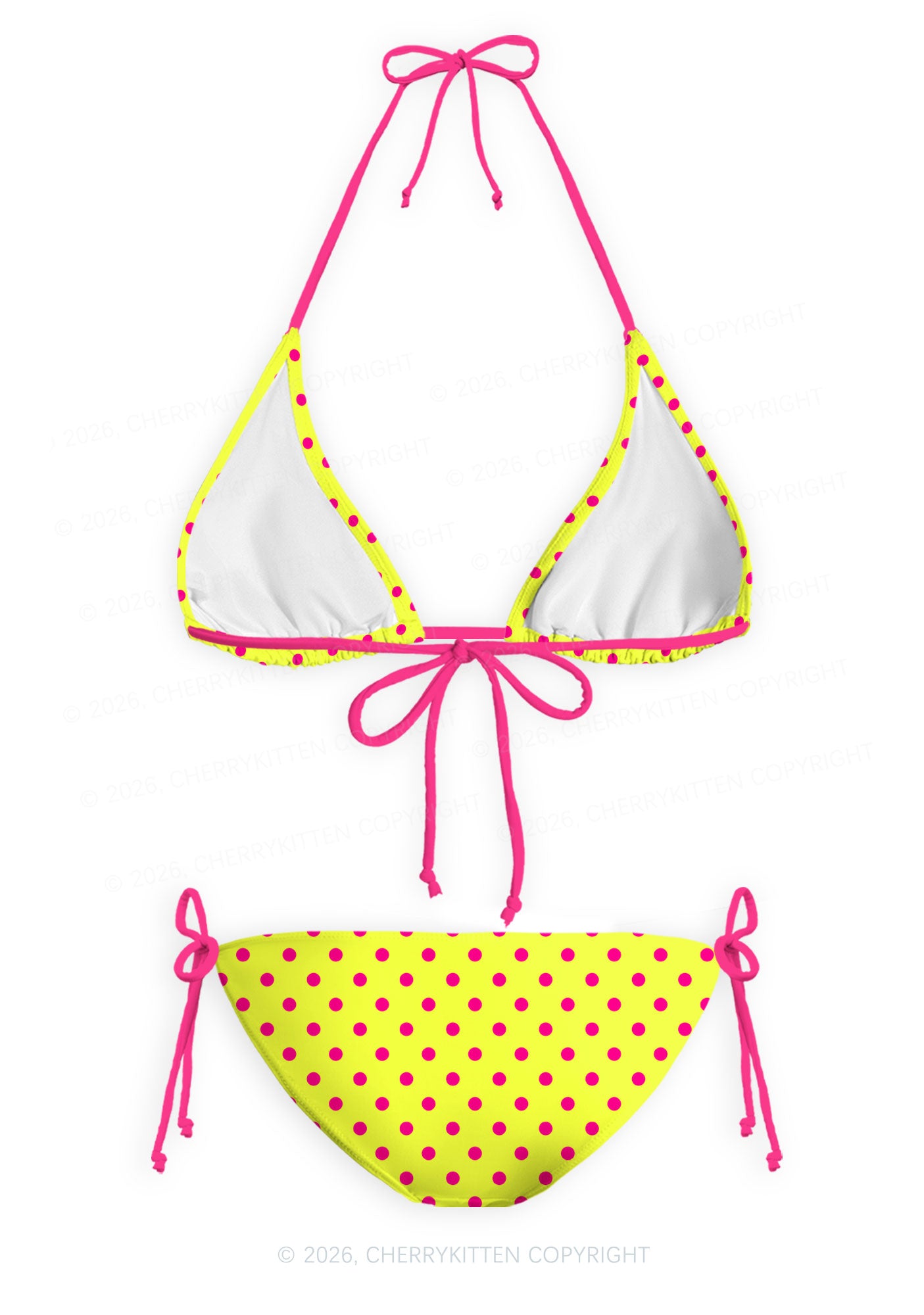 Hot Pink Dots On Yellow Y2K Print Bikini Set Cherrykitten