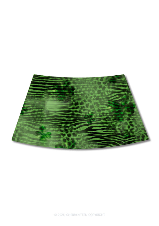 Shamrock Green Leopard St Patricks Y2K Print Mini Skirt Cherrykitten