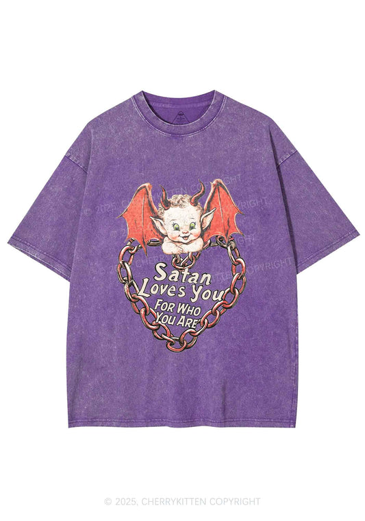 Satan Loves You Y2K Shirts Washed Tee Cherrykitten