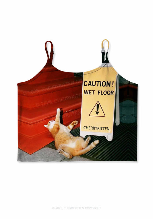 Caution Wet Floor Y2K Print Cami Crop Top Cherrykitten