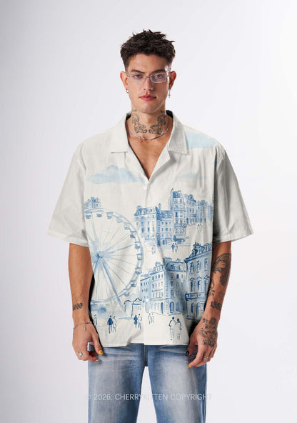 Blue Watercolor Cityscape Ferris Wheel Y2K Print Hawaiian Shirt Cherrykitten