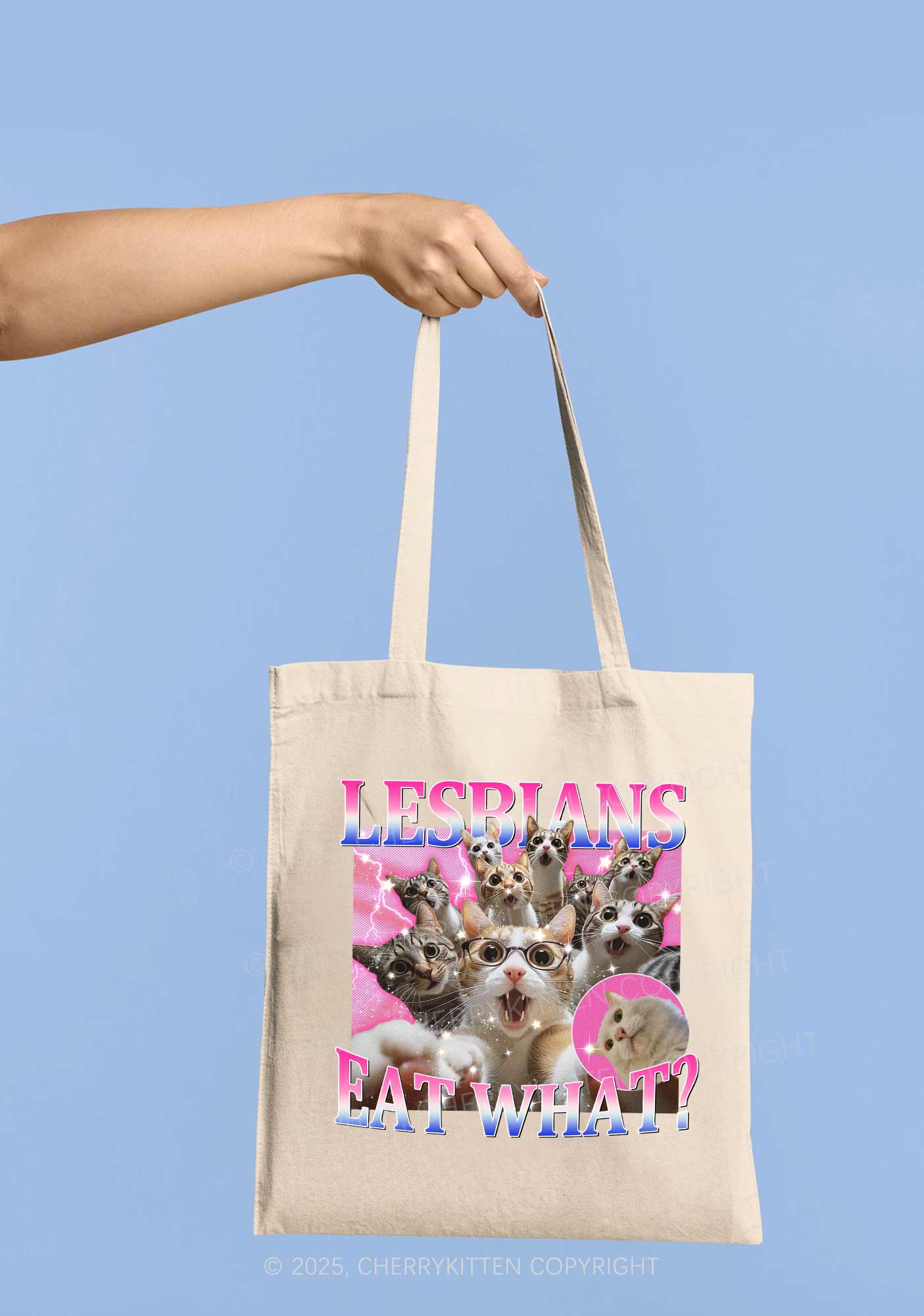Lesbians Eat What Cat Pride Y2K Canvas Tote Bag Cherrykitten