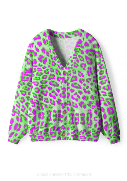 Green Leopard Y2K Christmas Cardigan Knit Sweatshirt Cherrykitten