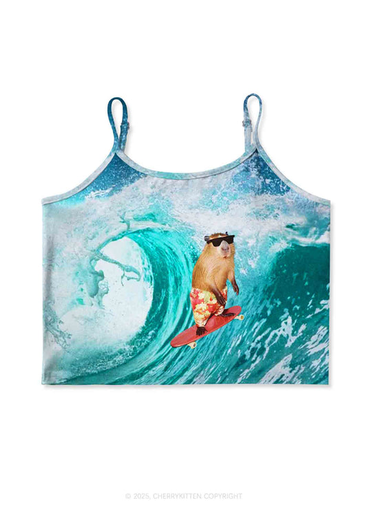 Surfing Capybara Y2K Print Cami Crop Top Cherrykitten