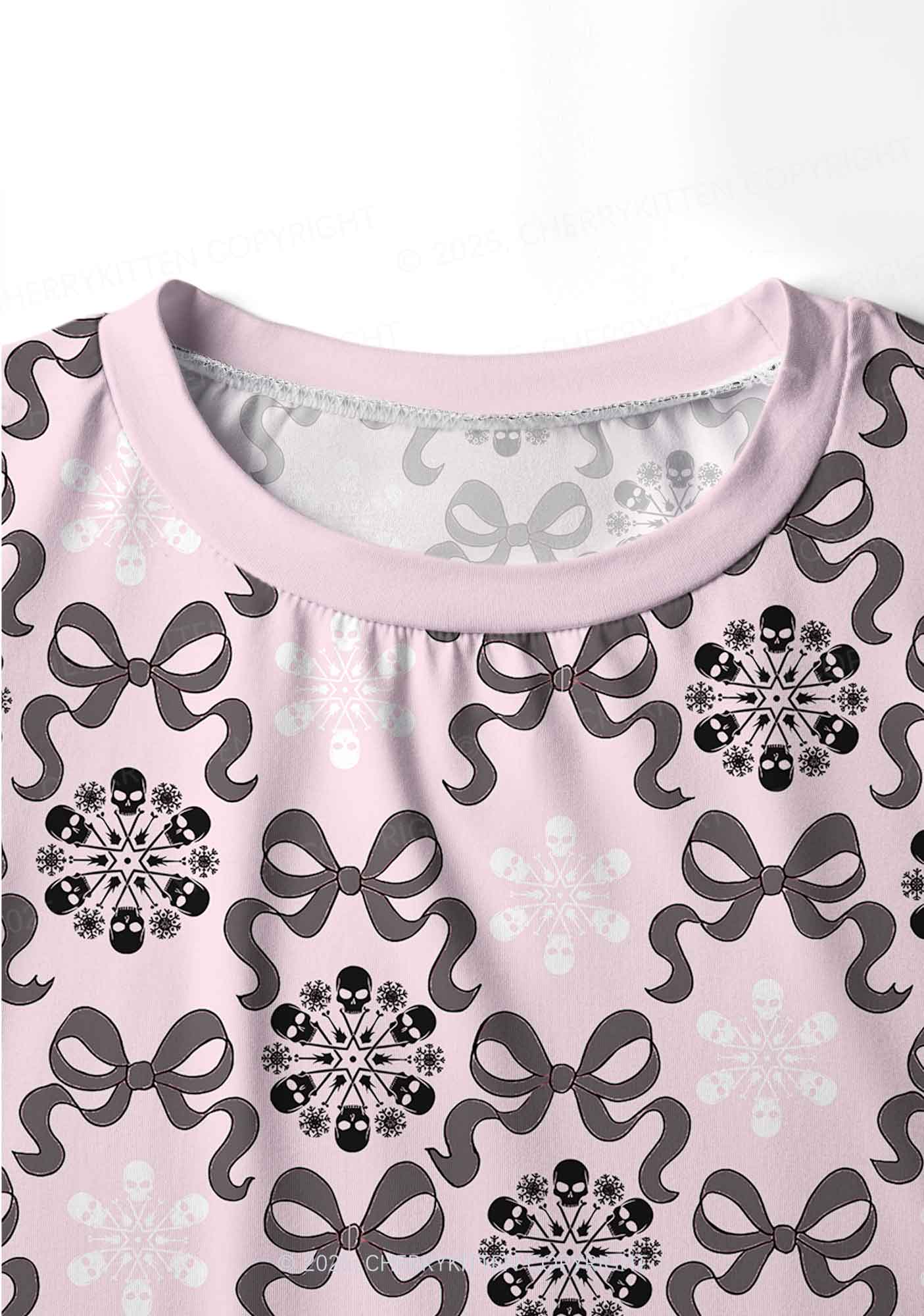 Christmas Bow Skull Snowflakes Y2K Print Long Sleeve Pajama Set Cherrykitten