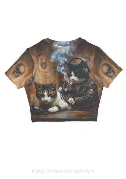 Smoking Cats Tattoo Scene Y2K Mesh Crop Top Cherrykitten