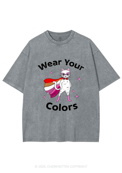 Lesbian Flag Cat Pride Y2K Shirts Washed Tee Cherrykitten