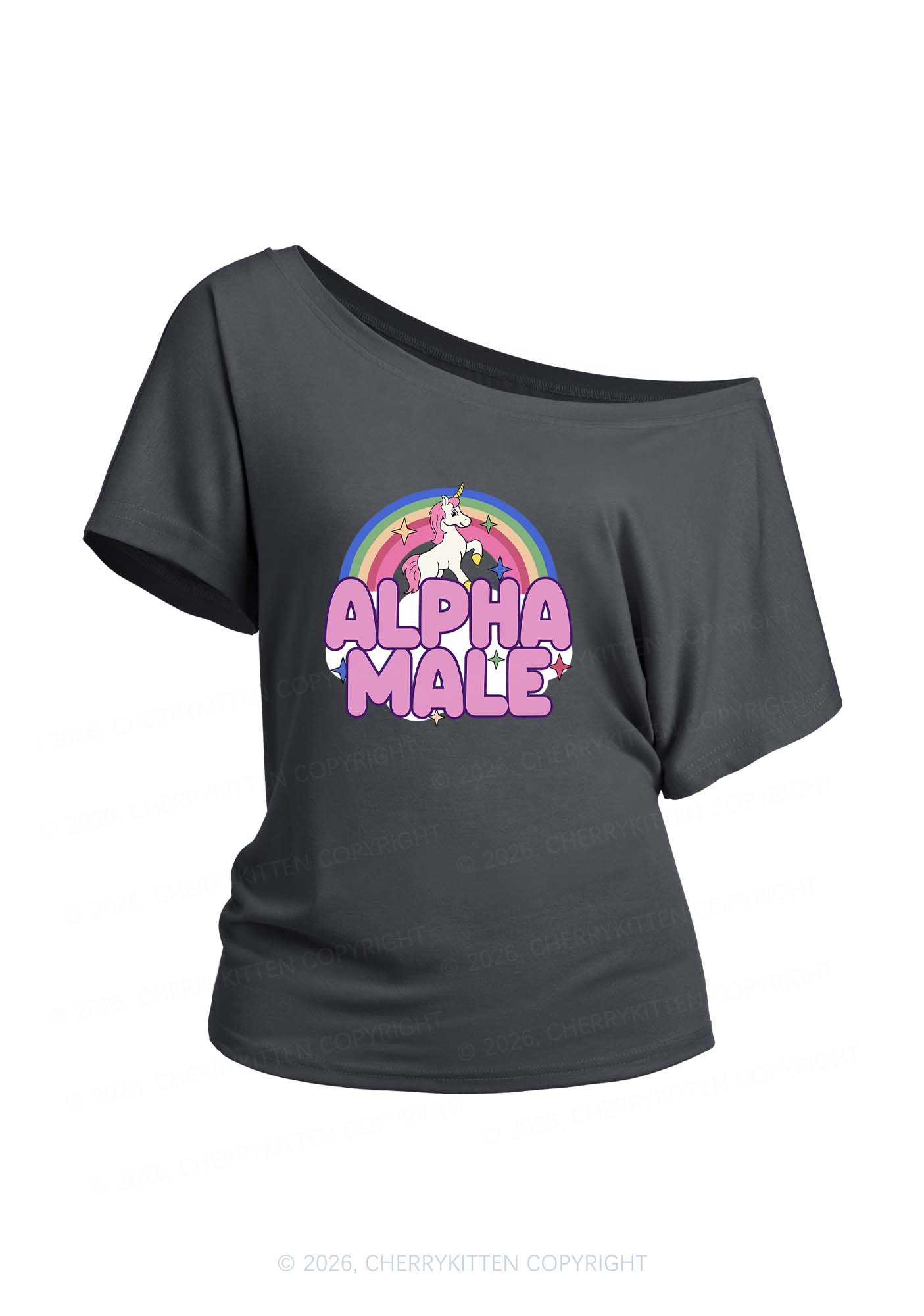Rainbow Unicorn Alpha Male Y2K Off Shoulder Tee Cherrykitten