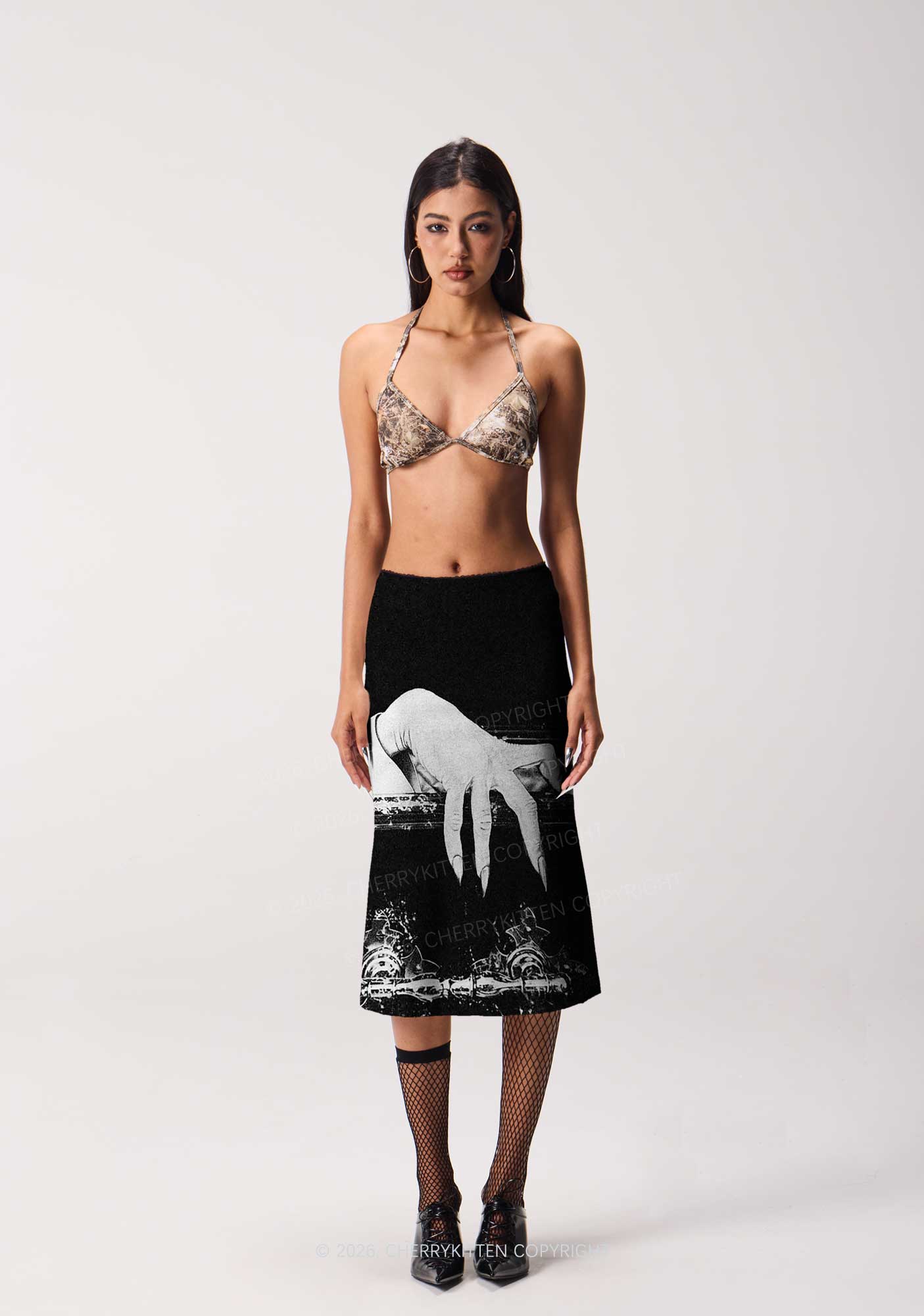 Halloween Black Vampire Claw Y2K Print Midi Skirt Cherrykitten