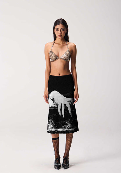 Halloween Black Vampire Claw Y2K Print Midi Skirt Cherrykitten