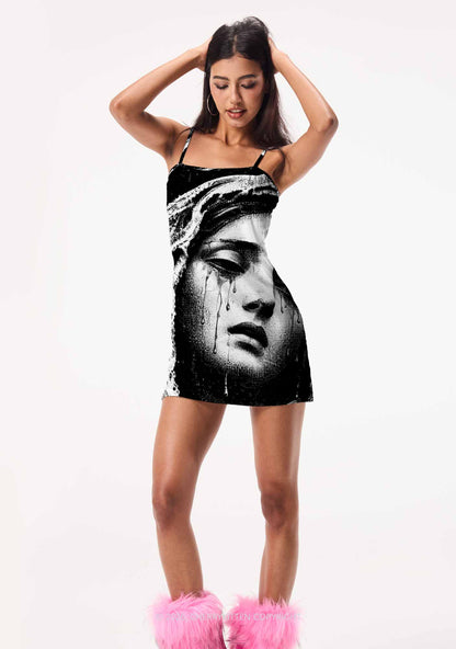 Halloween Weeping Veiled Woman Y2K Print Slip Dress Cherrykitten