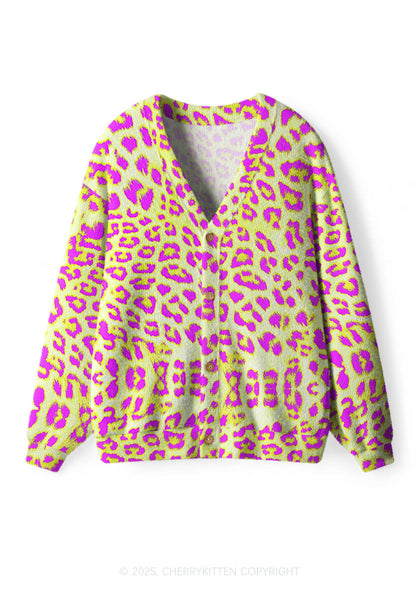 Yellow Leopard Y2K Christmas Cardigan Knit Sweatshirt Cherrykitten