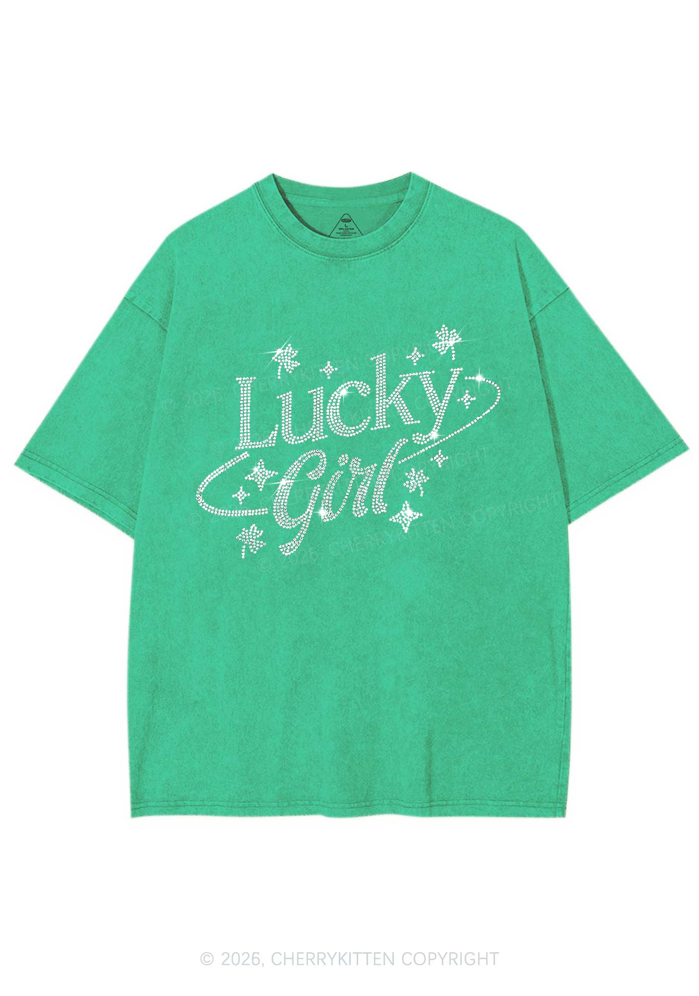 Rhinestone Lucky Girl St Patricks Y2K Shirts Washed Tee Cherrykitten