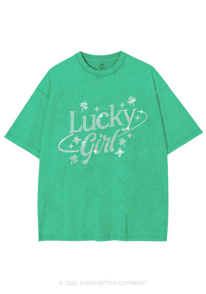 Rhinestone Lucky Girl St Patricks Y2K Shirts Washed Tee Cherrykitten