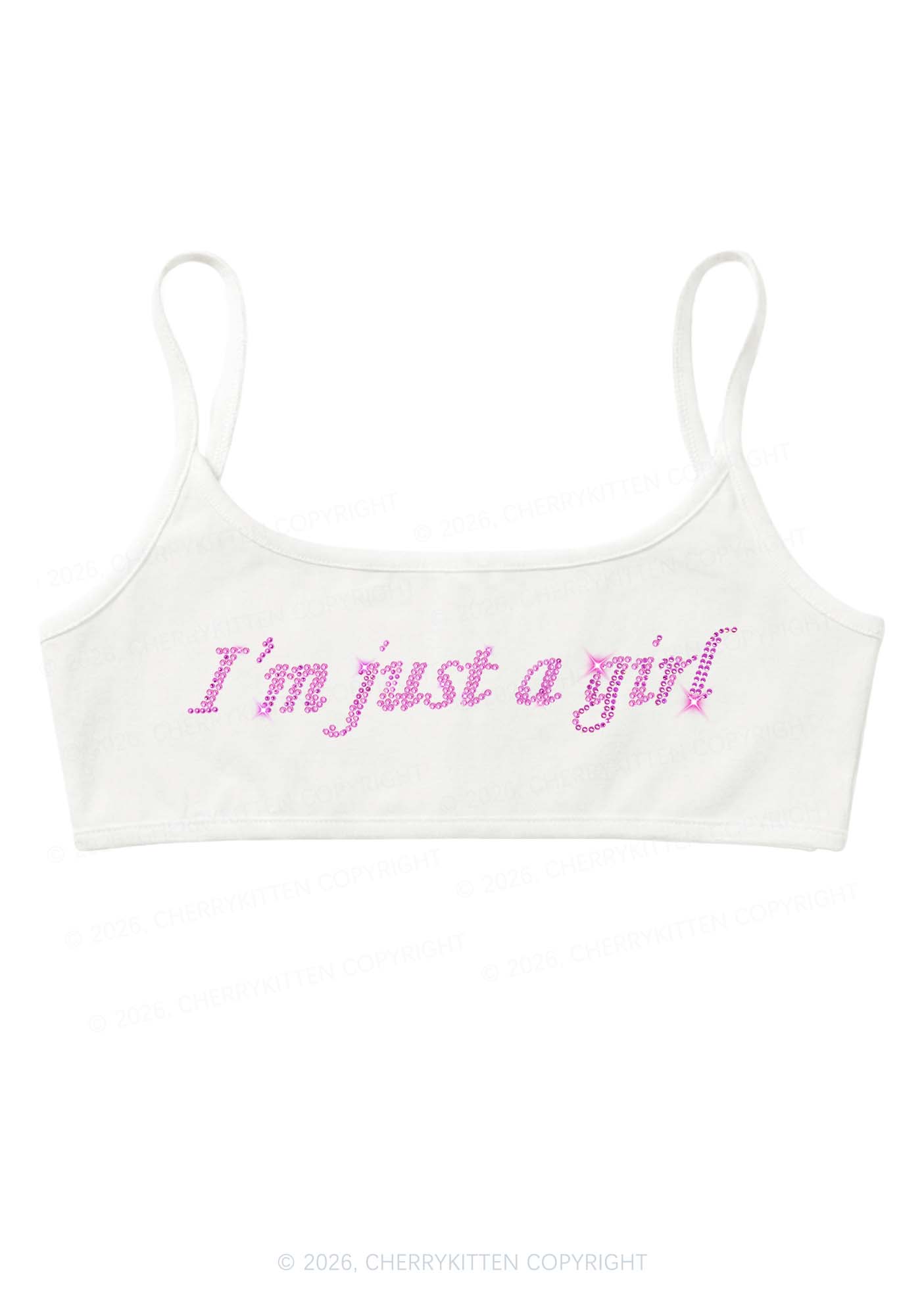 Rhinestone Im Just A Girl Y2K Super Crop Cami Cherrykitten