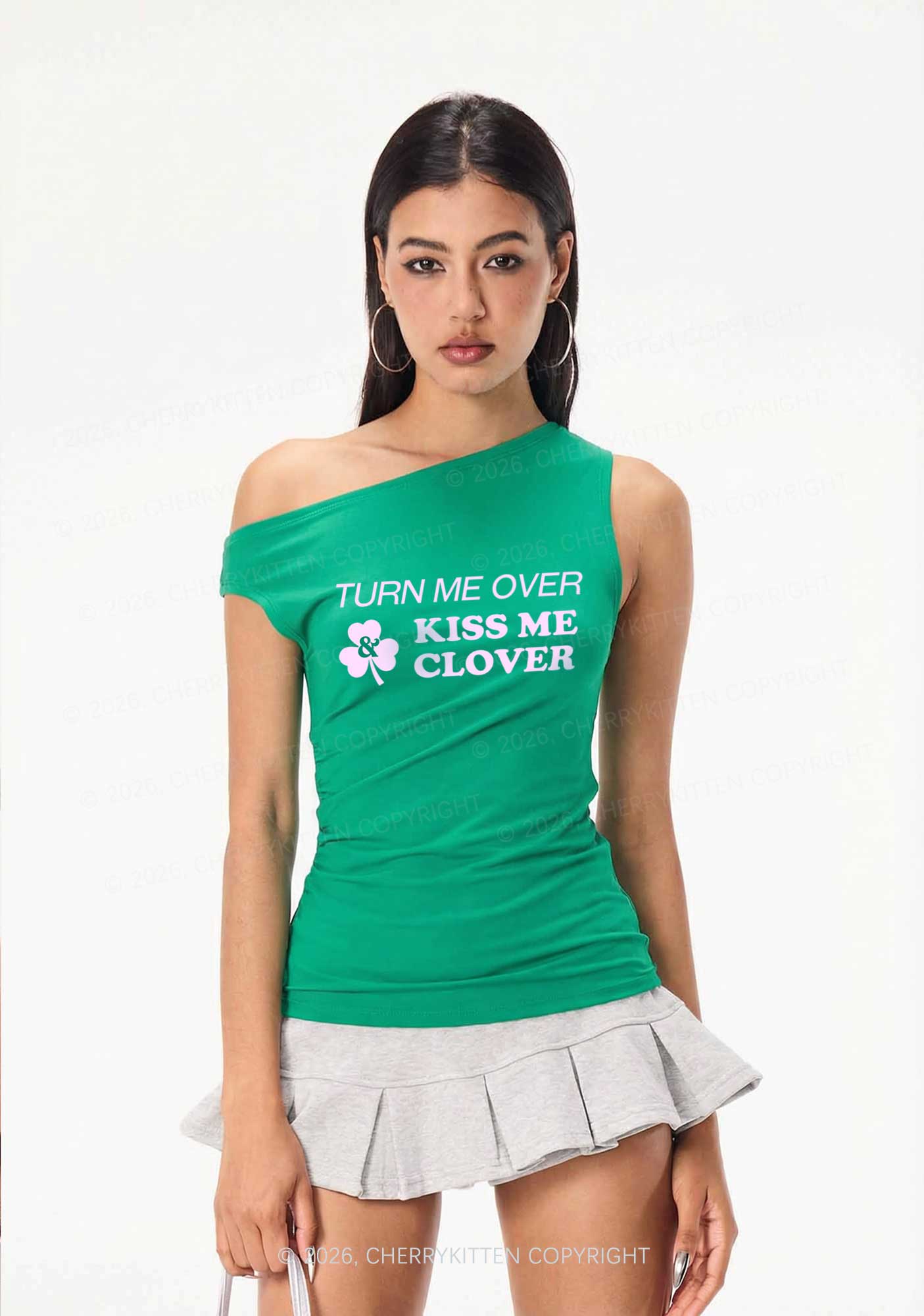 Turn Me Over Kiss Me Clover St Patricks Y2K Off Shoulder Tank Top Cherrykitten