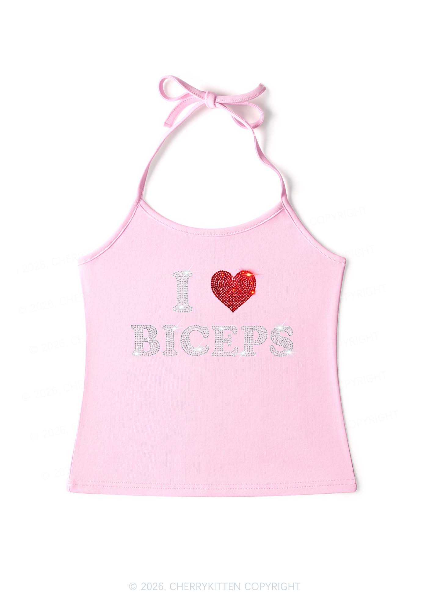 Rhinestone I Love Biceps Y2K Halter Neck Cami Cherrykitten