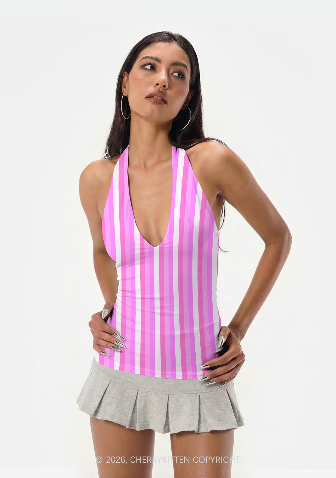 Pink Vertical Stripe Y2K Print Halter Deep V Neck Cami Cherrykitten