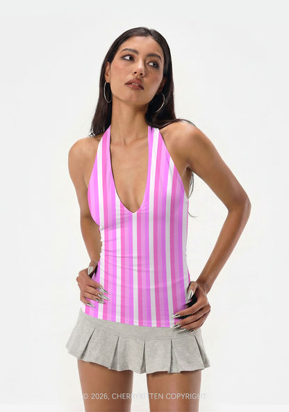 Pink Vertical Stripe Y2K Print Halter Deep V Neck Cami Cherrykitten