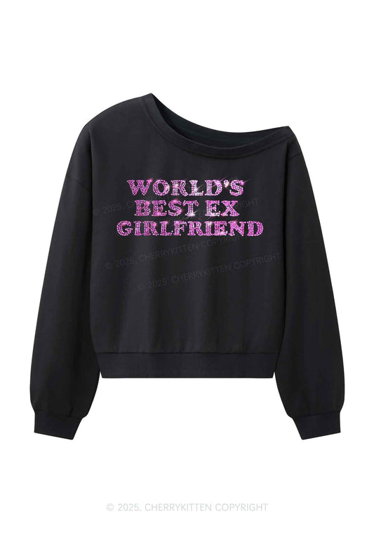 Rhinestone Best Ex Girlfriend Y2K Off Shoulder Sweatshirts Cherrykitten