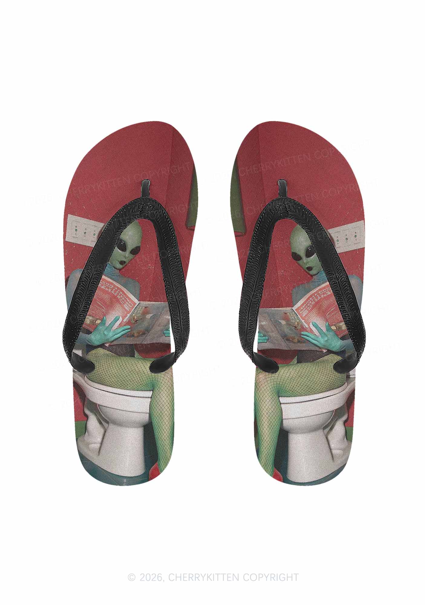 Halloween Alien On Toilet Y2K Print Flip Flops Cherrykitten