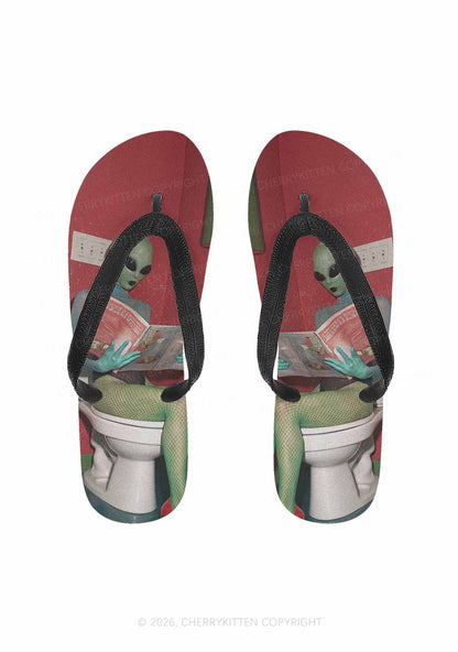 Halloween Alien On Toilet Y2K Print Flip Flops Cherrykitten