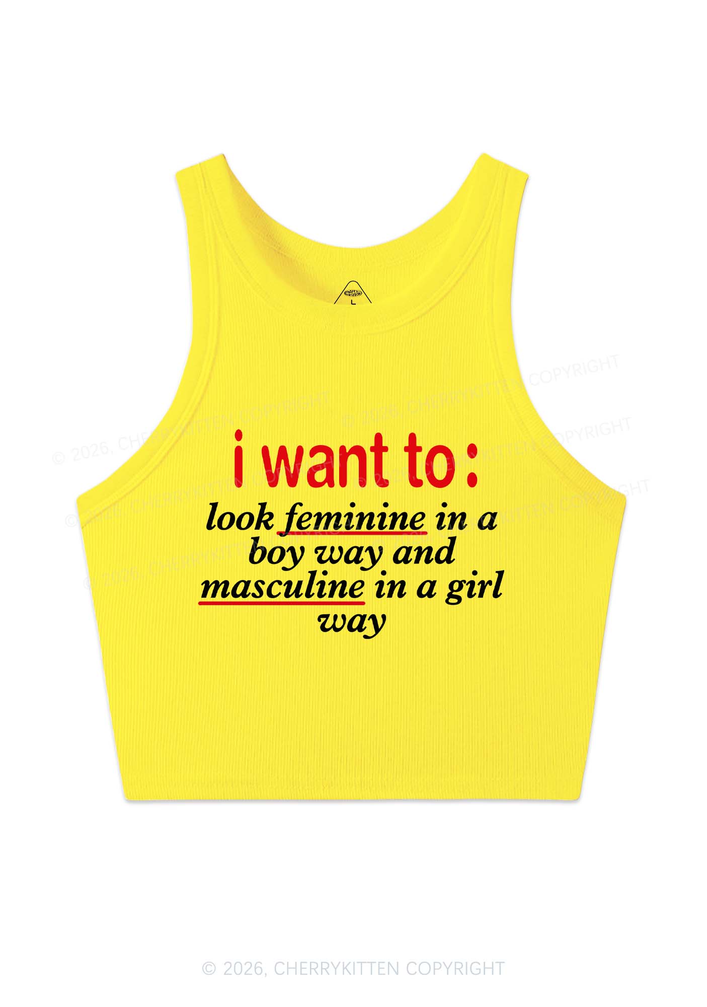 I Want To Feminine Masculine Pride Y2K Crop Tank Top Cherrykitten