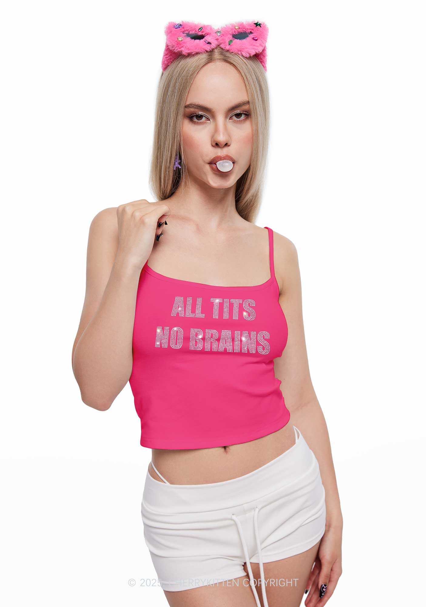 Rhinestone All Txts No Brains Y2K Spaghetti Strap Cami Cherrykitten