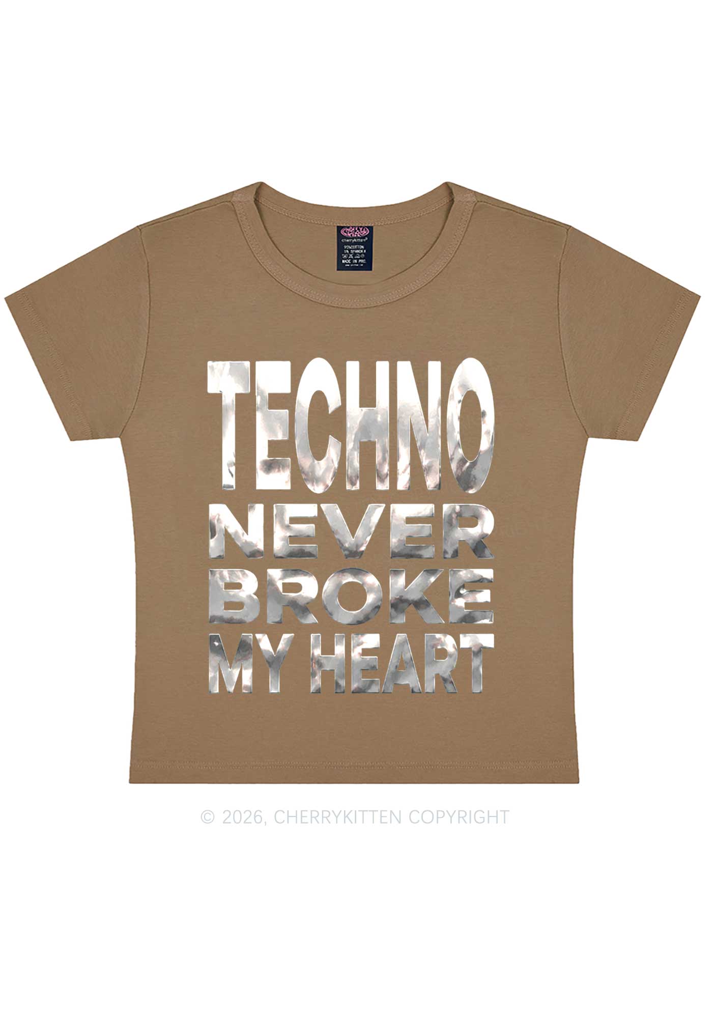 Techno Broke Heart Silver Foil Printed Y2K Baby Tee Cherrykitten