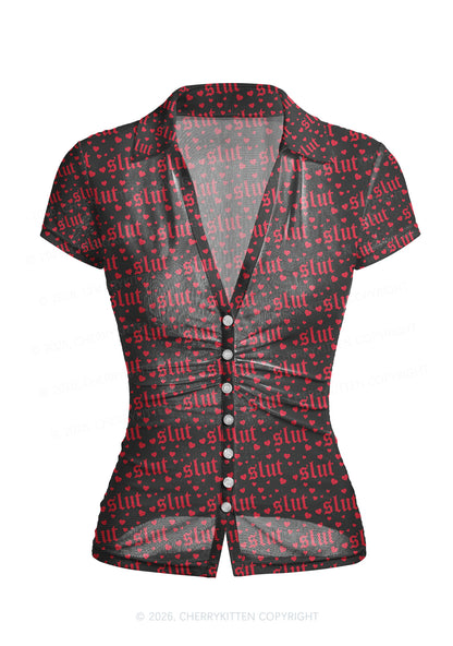 Black Slxt Y2K Mesh Ruched  Waist  V Neck Top Cherrykitten