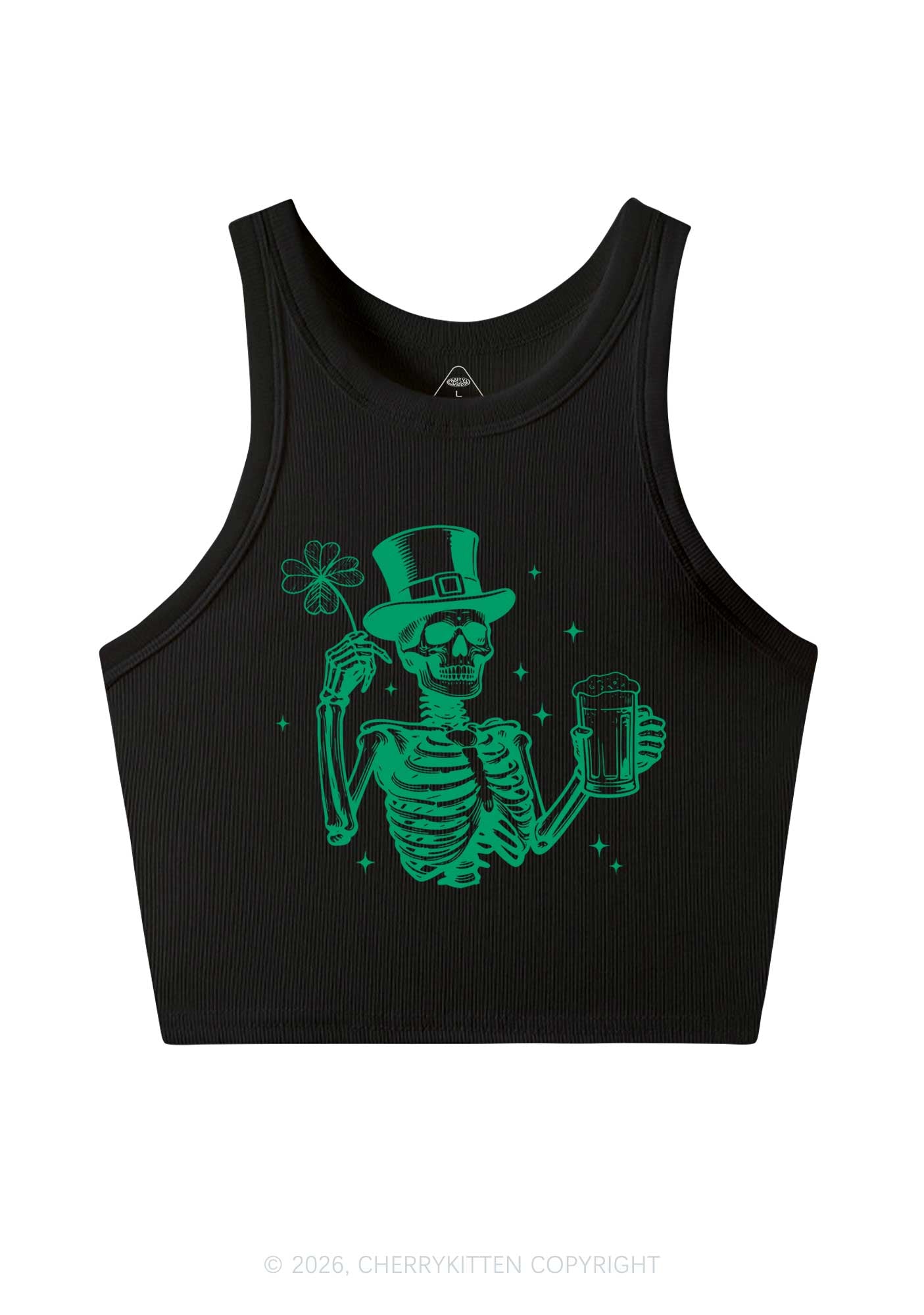 Green Skeleton St Patricks Y2K Crop Tank Top Cherrykitten