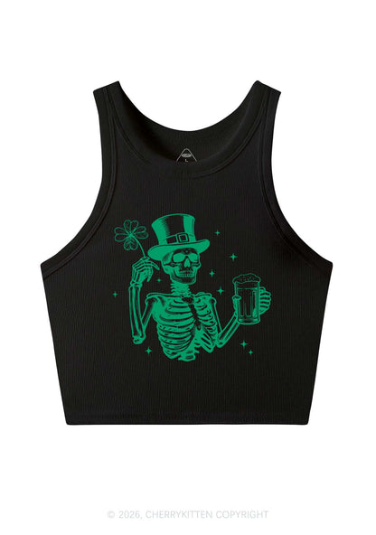 Green Skeleton St Patricks Y2K Crop Tank Top Cherrykitten