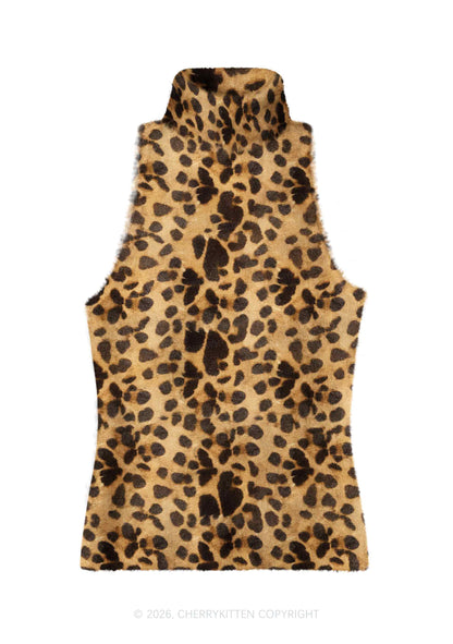 Classic Khaki Leopard Y2K Knit Turtleneck Tank Top Cherrykitten