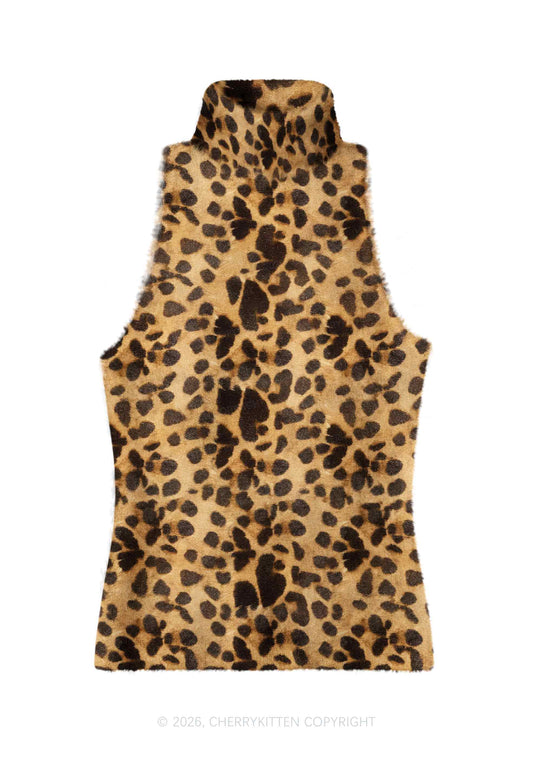 Classic Khaki Leopard Y2K Knit Turtleneck Tank Top Cherrykitten